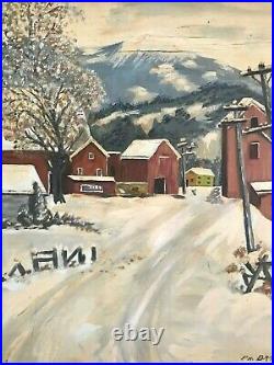 Vintage American Primitive Folk Art Painting Red Barn-Winter Snow-Country Farm