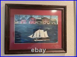 Vintage Americana Folk Art Painting Dockside harbor New England artist Nicholson