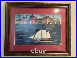 Vintage Americana Folk Art Painting Dockside harbor New England artist Nicholson