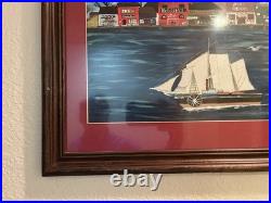 Vintage Americana Folk Art Painting Dockside harbor New England artist Nicholson