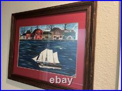 Vintage Americana Folk Art Painting Dockside harbor New England artist Nicholson