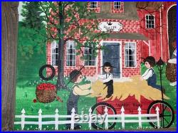 Vintage Amish Folk Art Original Oil Acrylic Painting Quilting Day 17x 29