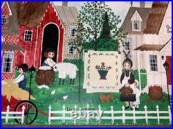 Vintage Amish Folk Art Original Oil Acrylic Painting Quilting Day 17x 29