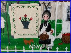 Vintage Amish Folk Art Original Oil Acrylic Painting Quilting Day 17x 29