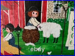 Vintage Amish Folk Art Original Oil Acrylic Painting Quilting Day 17x 29