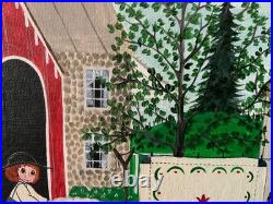 Vintage Amish Folk Art Original Oil Acrylic Painting Quilting Day 17x 29