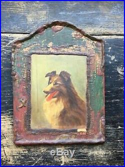 Vintage Antique Collie Dog Oil Painting Portrait Lassie Primitive Folk Art 30s