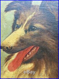 Vintage Antique Collie Dog Oil Painting Portrait Lassie Primitive Folk Art 30s