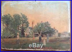 Vintage Antique Oil Painting Playing Croquet Unsigned Folk Art