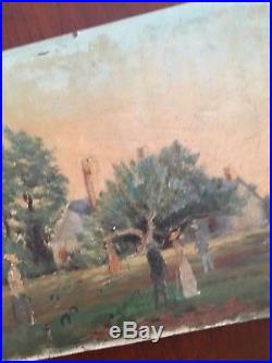 Vintage Antique Oil Painting Playing Croquet Unsigned Folk Art