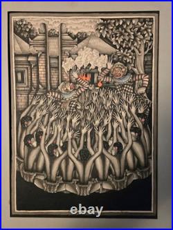 Vintage Balinese Ubud Batuan Indonesian Folk Painting of Hindu Drama Art