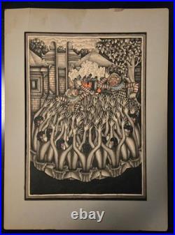 Vintage Balinese Ubud Batuan Indonesian Folk Painting of Hindu Drama Art