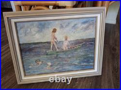 Vintage Beautiful Calif. Coast Whimsical Mermaids Swimming Framed Oil Painting