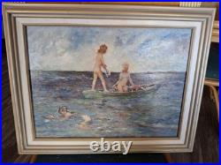 Vintage Beautiful Calif. Coast Whimsical Mermaids Swimming Framed Oil Painting