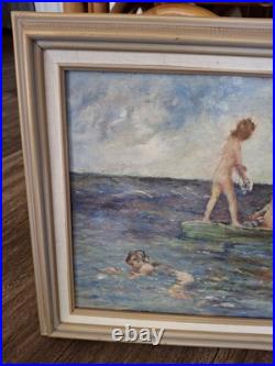 Vintage Beautiful Calif. Coast Whimsical Mermaids Swimming Framed Oil Painting