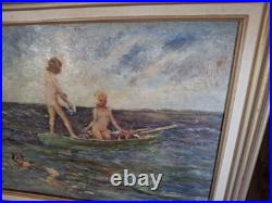 Vintage Beautiful Calif. Coast Whimsical Mermaids Swimming Framed Oil Painting