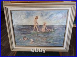 Vintage Beautiful Calif. Coast Whimsical Mermaids Swimming Framed Oil Painting
