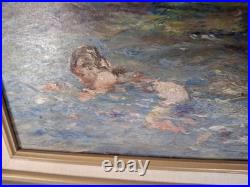 Vintage Beautiful Calif. Coast Whimsical Mermaids Swimming Framed Oil Painting