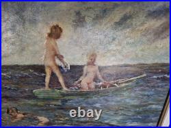 Vintage Beautiful Calif. Coast Whimsical Mermaids Swimming Framed Oil Painting
