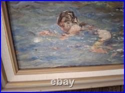 Vintage Beautiful Calif. Coast Whimsical Mermaids Swimming Framed Oil Painting
