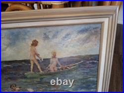 Vintage Beautiful Calif. Coast Whimsical Mermaids Swimming Framed Oil Painting