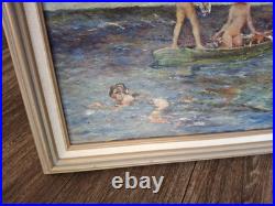 Vintage Beautiful Calif. Coast Whimsical Mermaids Swimming Framed Oil Painting