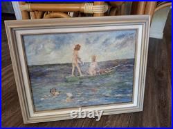 Vintage Beautiful Calif. Coast Whimsical Mermaids Swimming Framed Oil Painting