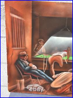 Vintage Black African American Folk Art People Bar Pool Drinking Oil Painting