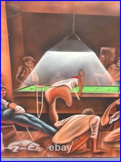 Vintage Black African American Folk Art People Bar Pool Drinking Oil Painting