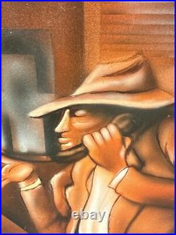Vintage Black African American Folk Art People Bar Pool Drinking Oil Painting