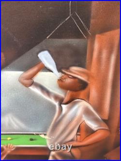 Vintage Black African American Folk Art People Bar Pool Drinking Oil Painting