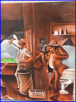 Vintage Black African American Folk Art People Bar Pool Drinking Oil Painting