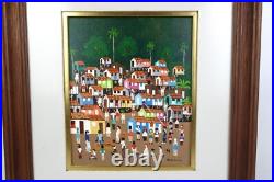 Vintage Brazilian Folk Art Oil Painting of Beach Scene Signed Maria Lia
