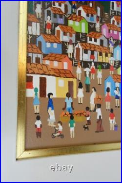 Vintage Brazilian Folk Art Oil Painting of Beach Scene Signed Maria Lia