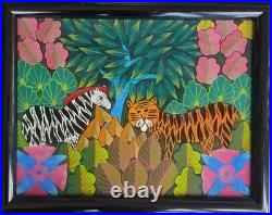 Vintage Cap-Haïtien Naïve Folk Art Painting of a Jungle Paradise By J Souvenir