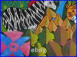 Vintage Cap-Haïtien Naïve Folk Art Painting of a Jungle Paradise By J Souvenir