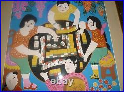Vintage Chinese Folk Art Painting 18x24 Signed Ma Jong Players
