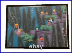 Vintage Chinese Folk Art Painting Fishing Original MCM Shan Xi Colorful Rare