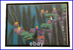 Vintage Chinese Folk Art Painting Fishing Original MCM Shan Xi Colorful Rare