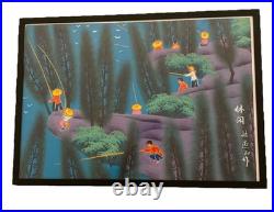 Vintage Chinese Folk Art Painting Fishing Original MCM Shan Xi Colorful Rare