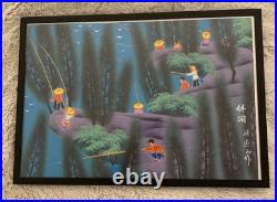 Vintage Chinese Folk Art Painting Fishing Original MCM Shan Xi Colorful Rare