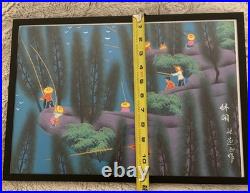 Vintage Chinese Folk Art Painting Fishing Original MCM Shan Xi Colorful Rare