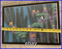Vintage Chinese Folk Art Painting Fishing Original MCM Shan Xi Colorful Rare