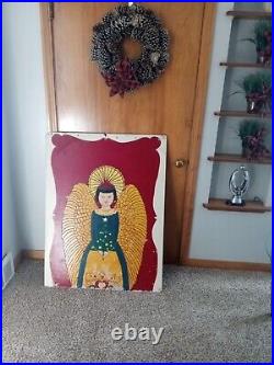 Vintage Christmas Folk Art Painting On Board? Polishangel Holding A Xmas Tree