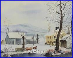 Vintage Currier & Ives Winter Farm, Folk Art New England Watercolor Painting NR