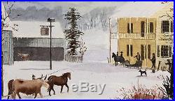 Vintage Currier & Ives Winter Farm, Folk Art New England Watercolor Painting NR