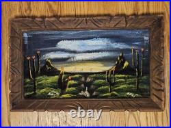 Vintage Desert Cactus Black Velvet Painting Clouds Carved Wood Frame Desert