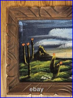 Vintage Desert Cactus Black Velvet Painting Clouds Carved Wood Frame Desert