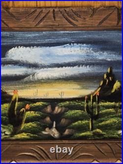 Vintage Desert Cactus Black Velvet Painting Clouds Carved Wood Frame Desert