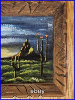 Vintage Desert Cactus Black Velvet Painting Clouds Carved Wood Frame Desert